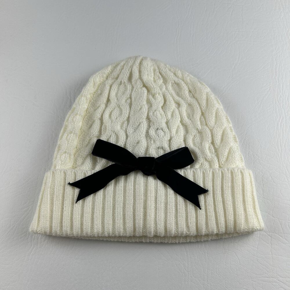 Kate Spade New York Women’s Ivory Cable Knit Beanie Black Bow Cuffed Hat